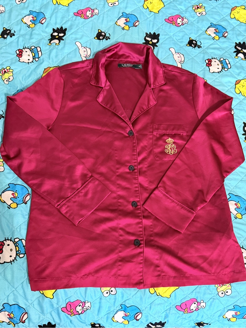 Ralph Lauren Deep Burgundy Satin Button-Front Pajama Top with Crest